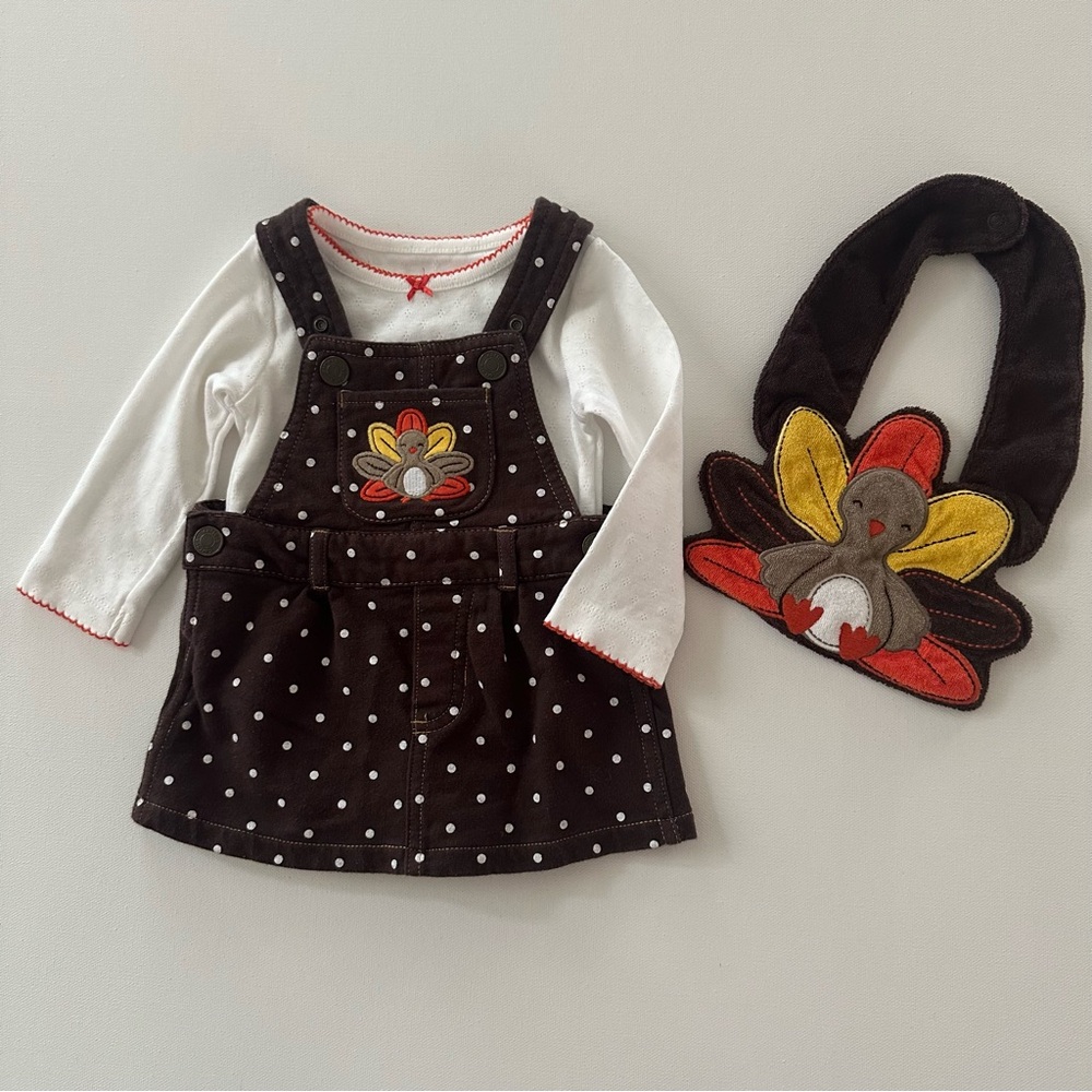 Carter’s 3 Month Baby Girl Turkey Polka Dot Dress Bodysuit Bib Set Thanksgiving